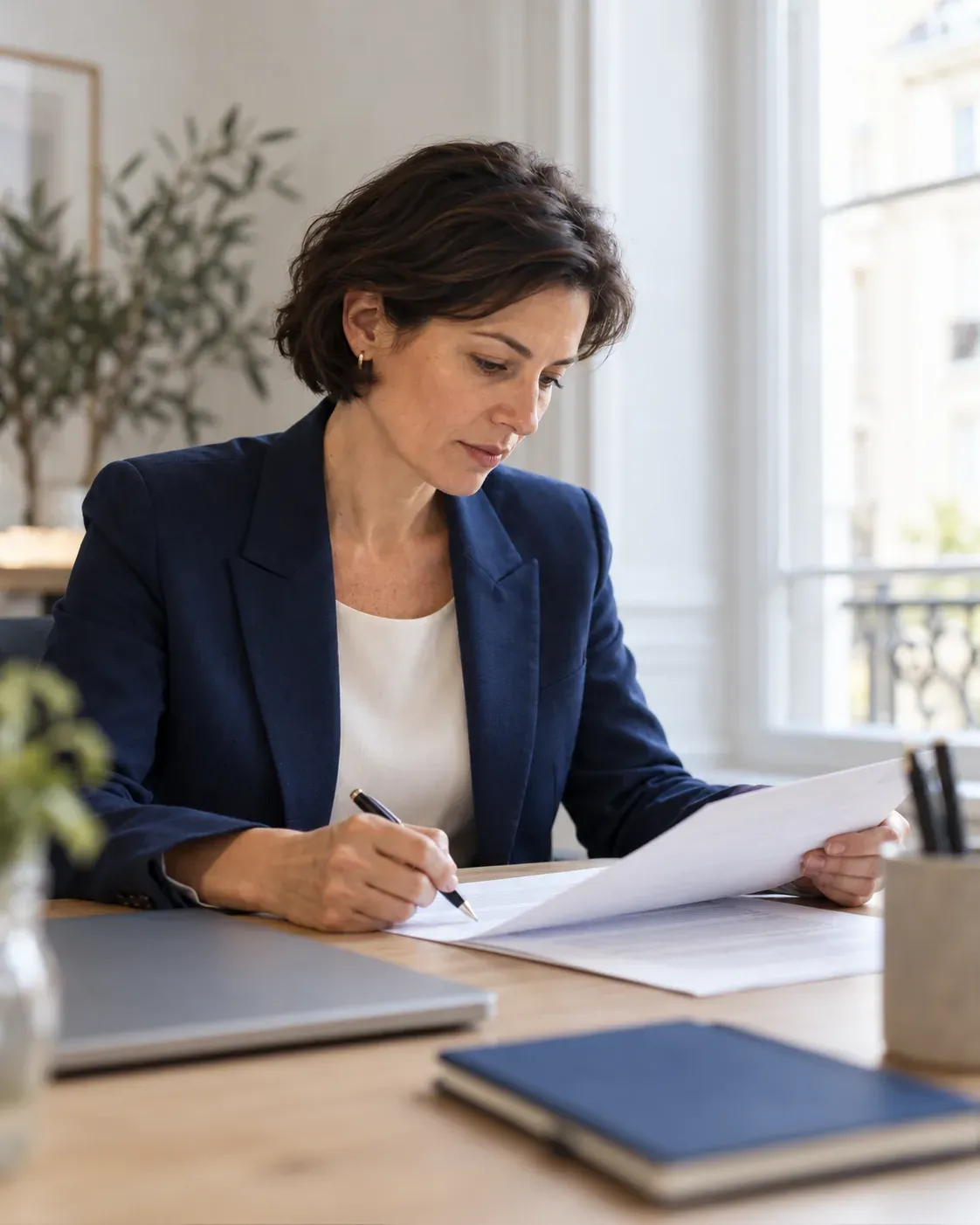 A woman at her desk reviewing a signed document.